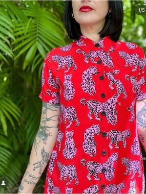 River Dress Sandler Cat Red Button-Up Dress with Pink Leopard Print